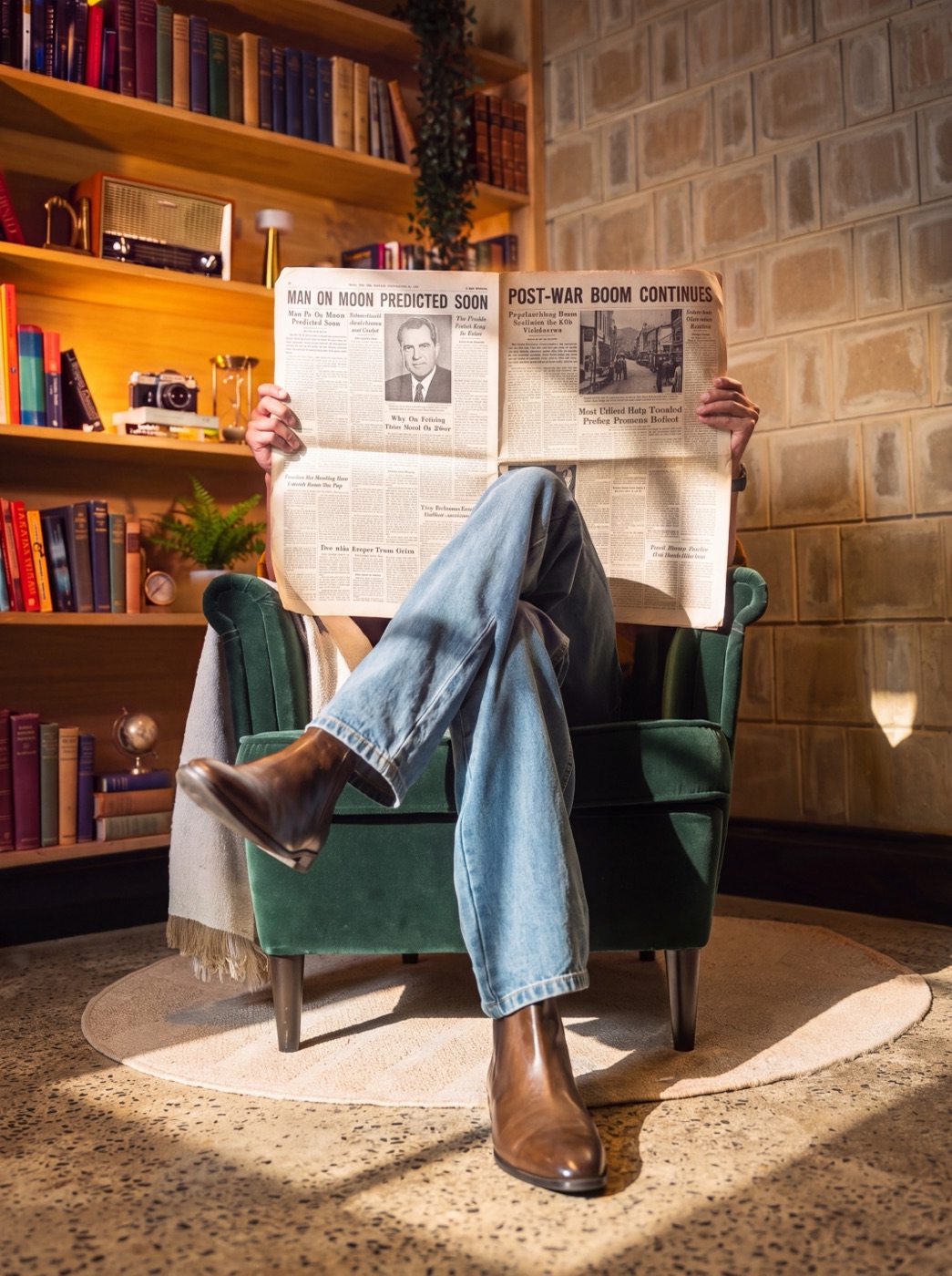 Man reading a newspaper in light-wash denim